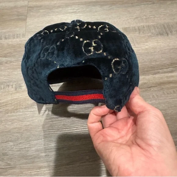 Gucci Double GG Logo Sapphire Blue Gold Velvet Baseball Cap Hat - Picture 7 of 14